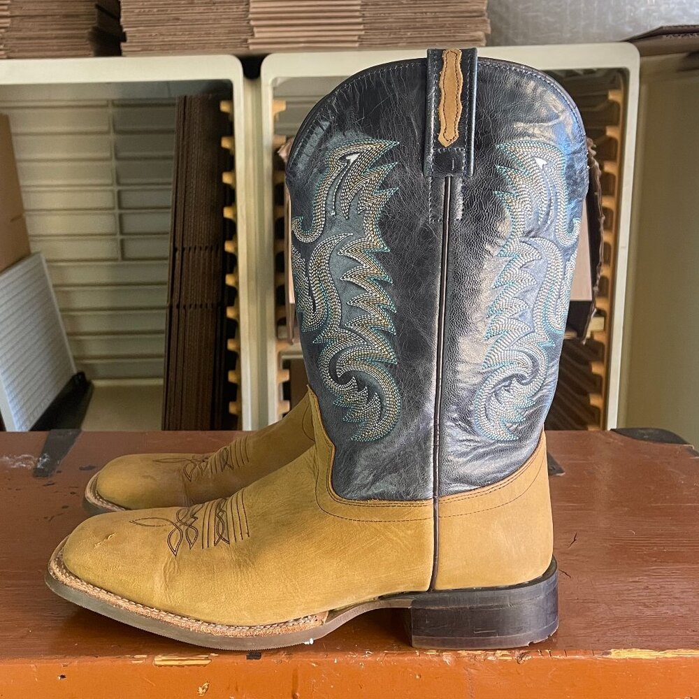OLD WEST Men's Size 8 D Brown Leather Blue Suede Square Toe Cowboy Boots BSM1822